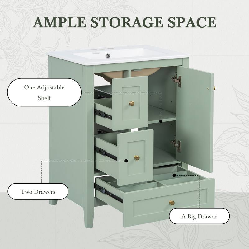 24-Inch Bathroom Vanity with Storage, Adjustable Shelf, MDF & Rubberwood, Removable Dividers