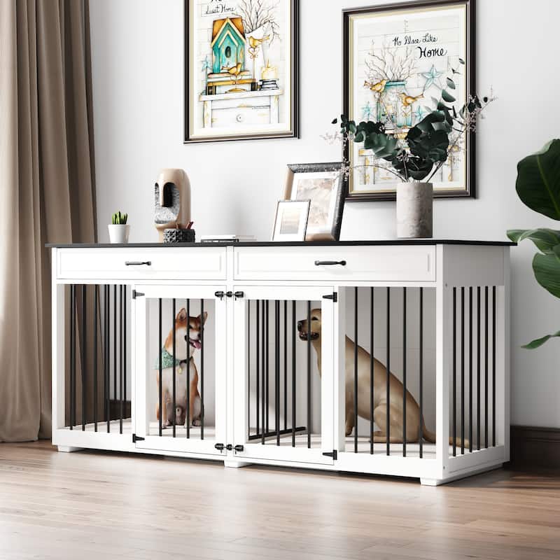 72.4 Inch Wooden Large Furniture Dog Crate with Drawers & Divider