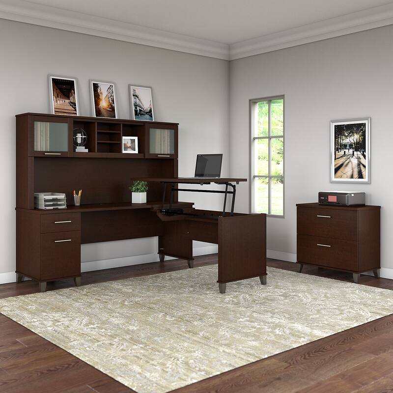 Somerset 72W Sit to Stand L Shaped Desk with Hutch and Cabinet in Gray - Mocha Cherry