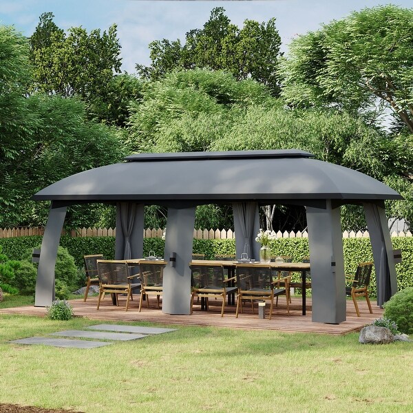 Outsunny 10 x 20 Patio Gazebo with Netting and Curtains Dark Gray