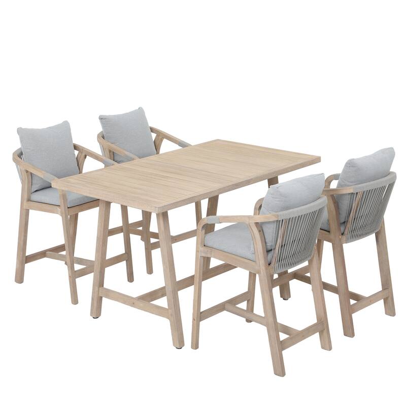Outdoor Rope Dining Chair and Wood Dining Table Set of 5