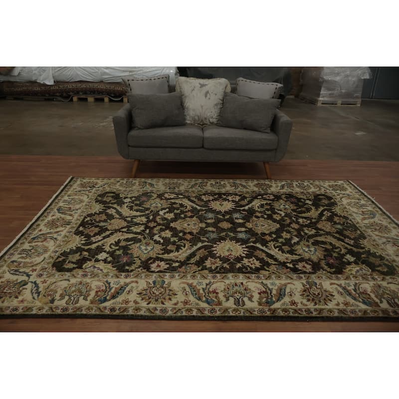 Hand Knotted Oriental 100% Wool Carpet Traditional All-Over Black Peshawar Area Rug - 9' 0'' X 6' 2''