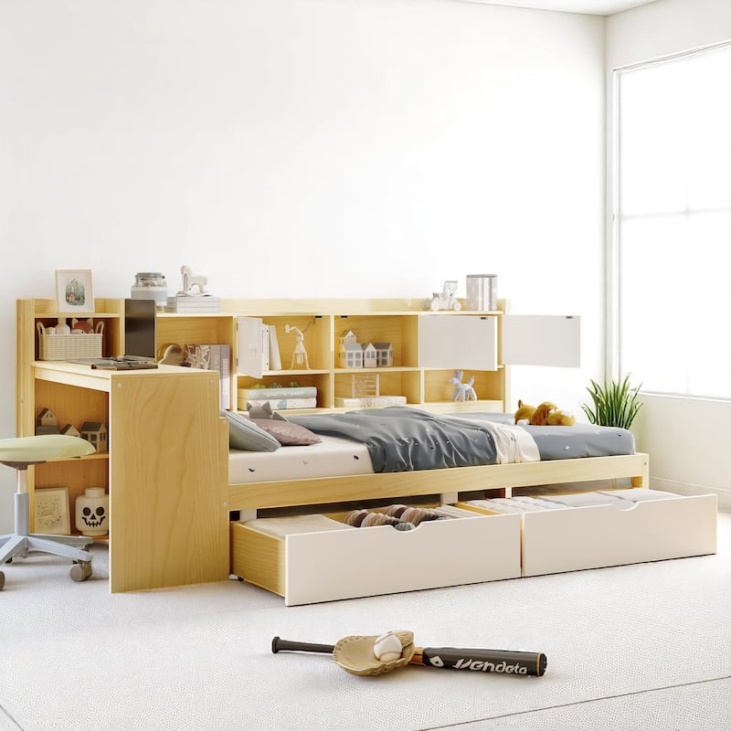 Space-Saving L-Shaped Daybed with Seven Storage Cabinets, Two Drawers, and Adjustable Study Desk