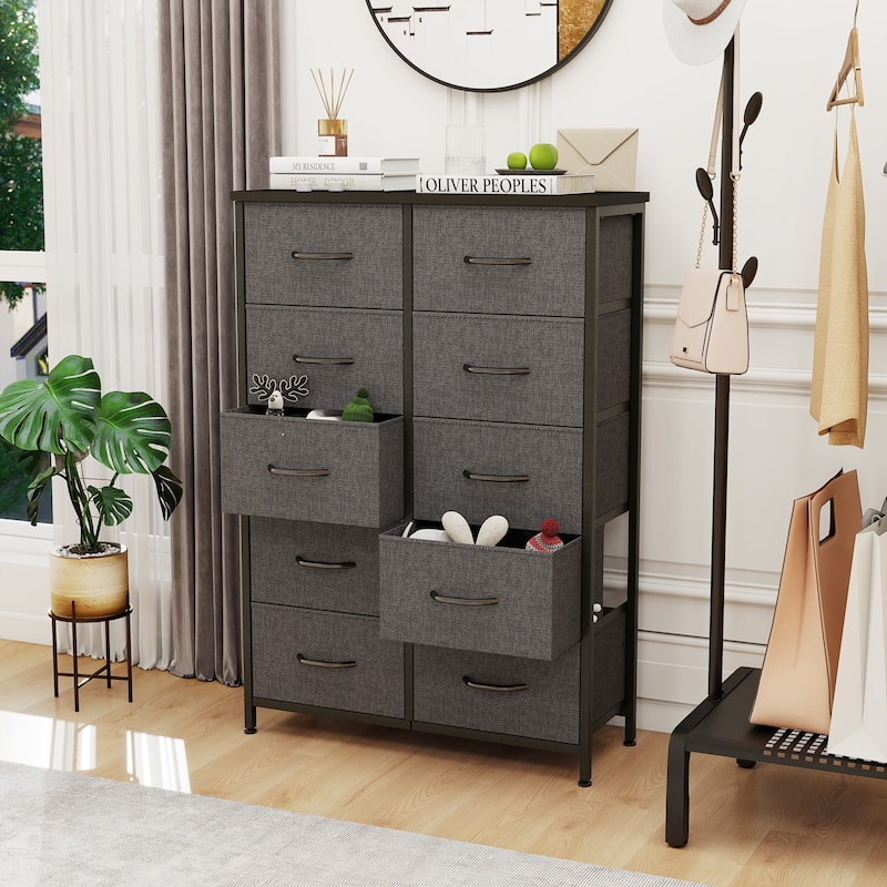 Dresser for Bedroom, 10 Storage Drawers, Anti-Tip Tall Fabric Closet Chests Organizer Tower Furniture Wooden Top Metal Frame - Grey