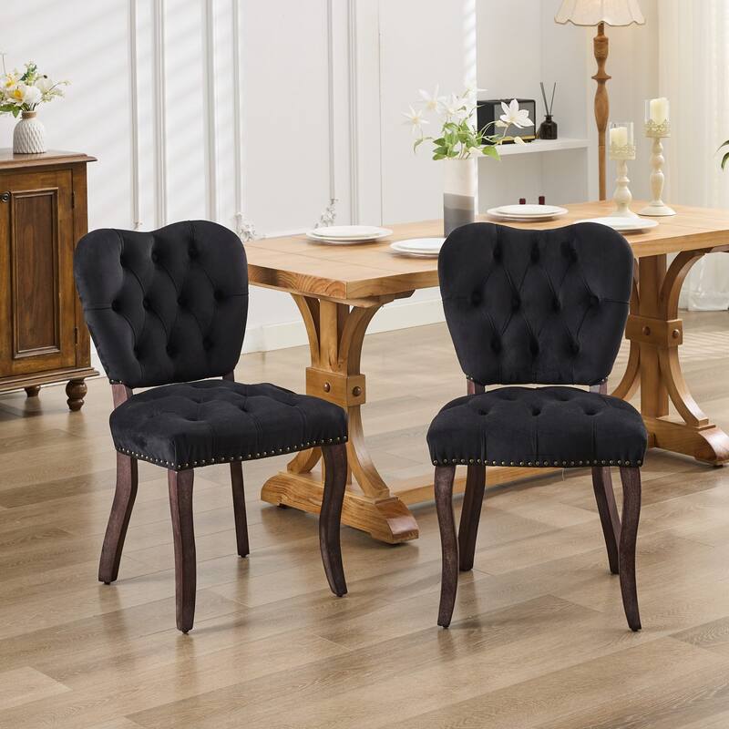 Dining Chair Set of 2, French Vintage Tufted Upholstered Fabric Dining Chair