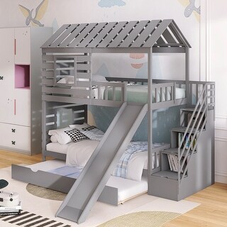 Kids Twin House Bunk Bed with Slide, Trundle, and Storage Stairs, Pine Wood Frame with Roof and Window Design