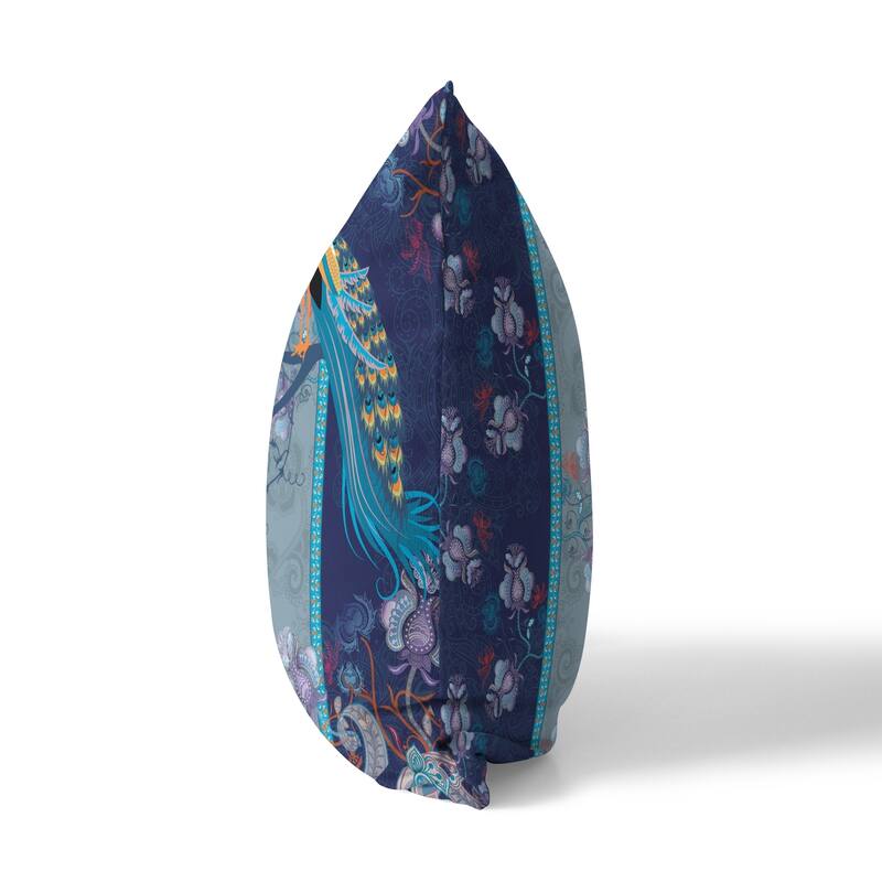 Enchanted Peacock Indoor/Outdoor Throw Pillow Cover in Indigo 16x16