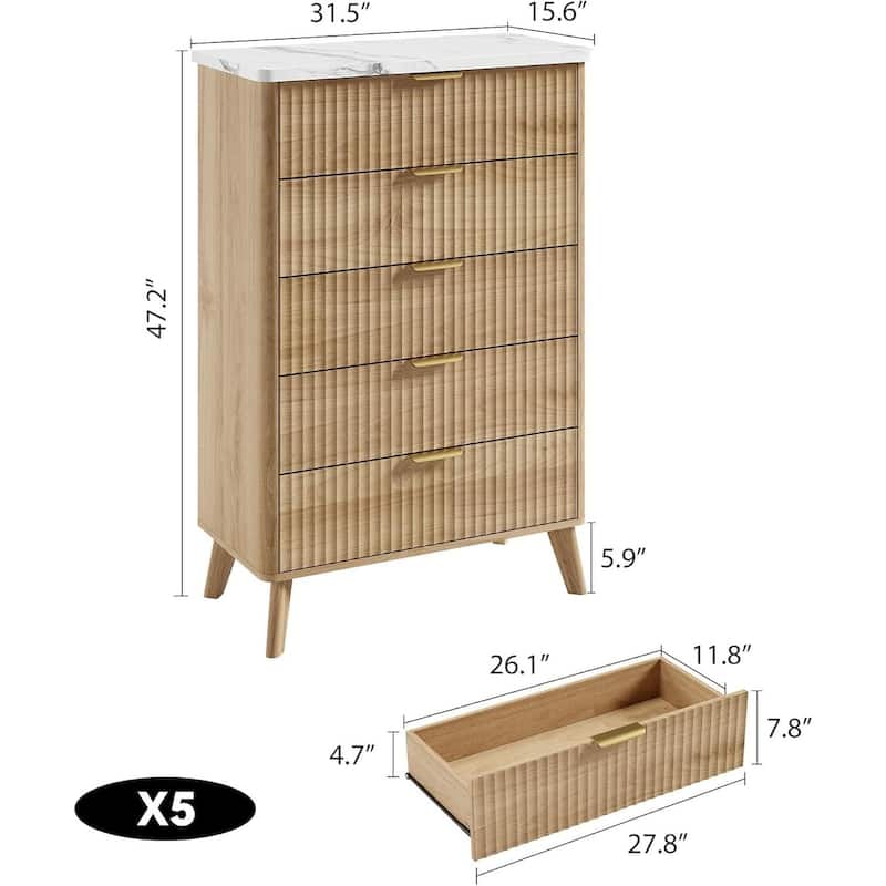 Modern Fluted 5 Drawers Dresser for Living Room, Bedroom