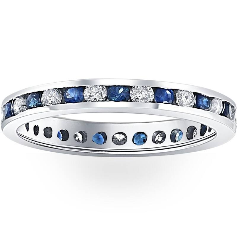 1CT Blue Sapphire & Diamond Channel Set Eternity Wedding Ring White Gold