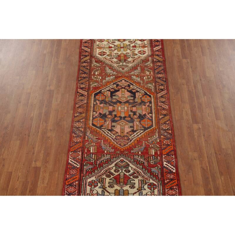 Geometric Hamedan Persian Vintage Runner Rug Hand-knotted Wool Carpet - 3'6"x 10'6"