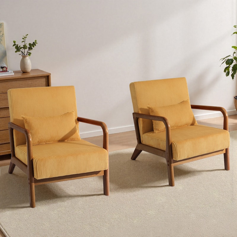 25" W Mid Century Upholstered Wood Accent Chair with Pillow set of 2 - Dark Wood - Orange