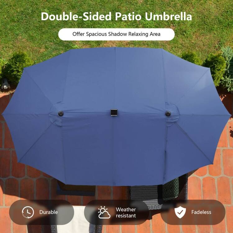 15FT Double Sided Patio Umbrella with LED Lights and Hand Crank Canopy