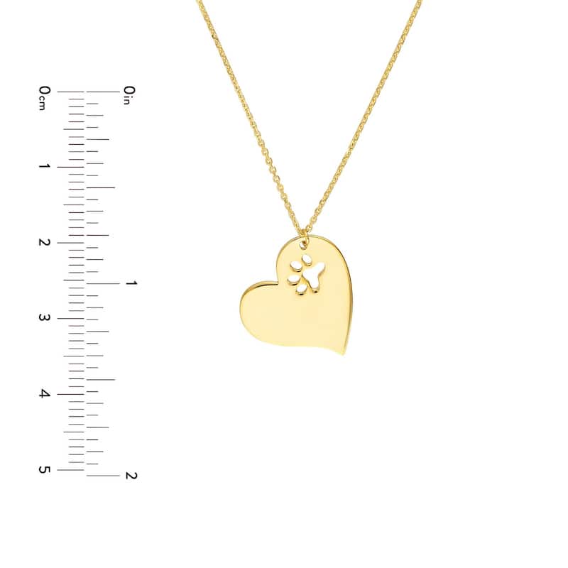 Curata Solid 14k Yellow Gold Slanted Love Heart With Cut Out Paw Adjustable Necklace,18"