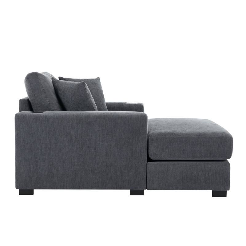 Chenille Fabric Oversized Chaise Lounger, 39.7''/43.5''/55'' Chair Bed Sofa Couch with Pillows, Charge Station & Cup Holders