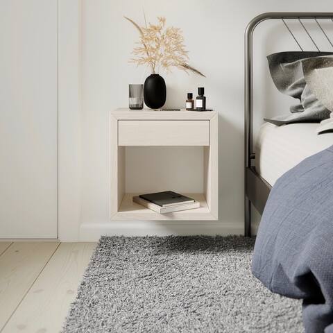 White Floating Solid Birch Nightstand with a Drawer