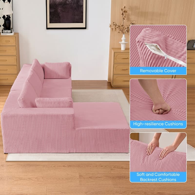 Mixoy 3-Pcs Free Combination Modular Sectional Sofas,Corduroy Compressed L-Shaped Sofa with Flexible Configuration - 3-Seater