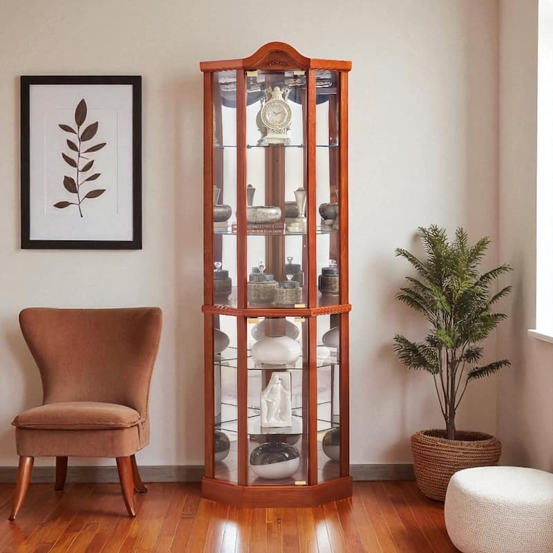 Lighted Corner Curio Cabinet with Glass Doors, Adjustable Shelves & Carved Cherry Decor, Elegant Display Cabinet for Home