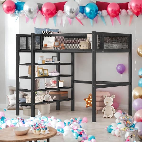 slide 2 of 11, Twin Size Metal Loft Bed with 4-Tier Shelves and Storage for Home Black