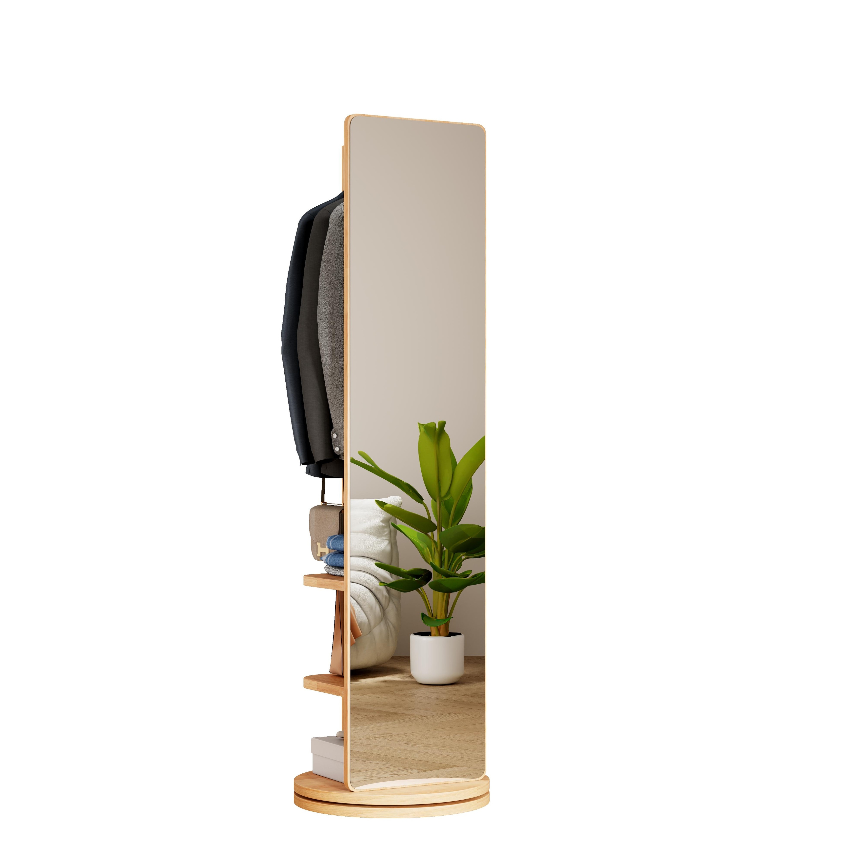 360 Rotating 69" H Multifunctional Full Length Mirror with Hook Storage Rack Coat Rack with Mirror Solid Wood Floor Mirror