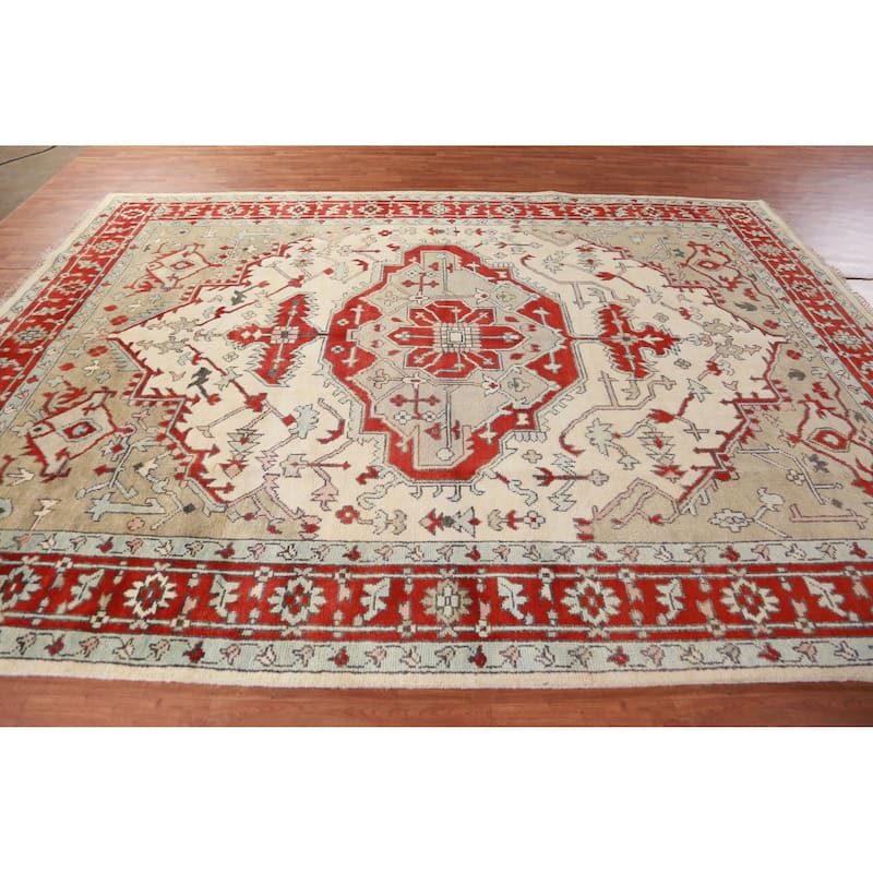 Hand Knotted Oriental 100% Wool Carpet Traditional Medallion Beige & Ivories Heriz (serapi) Area Rug - 11' 9'' X 8' 9''
