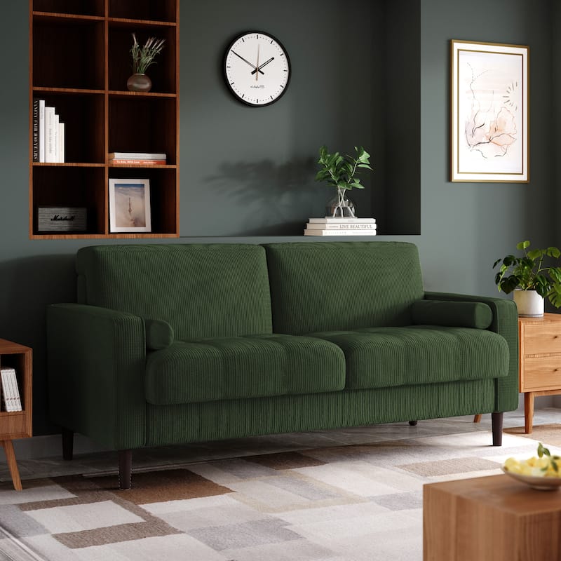 Modern Corduroy Upholstered 2 Seater Sofa with Bolster Pillows - Green