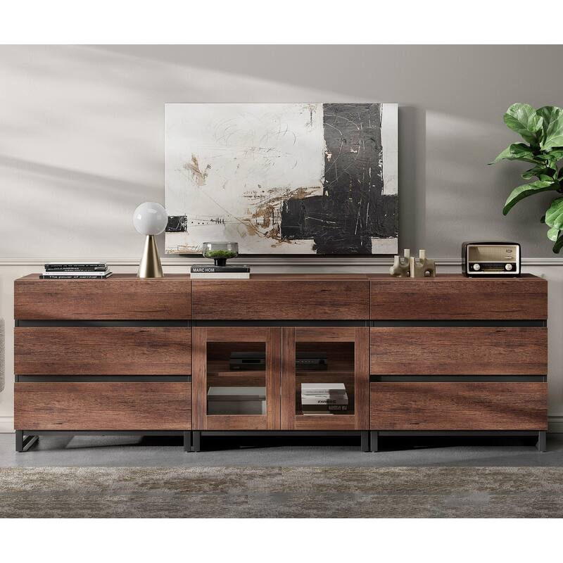 Modern TV Stand for Tvs Up to 100 Inch, 3 In 1 TV Console with Glass Doors and 7 Drawers for Living Room, Bedroom