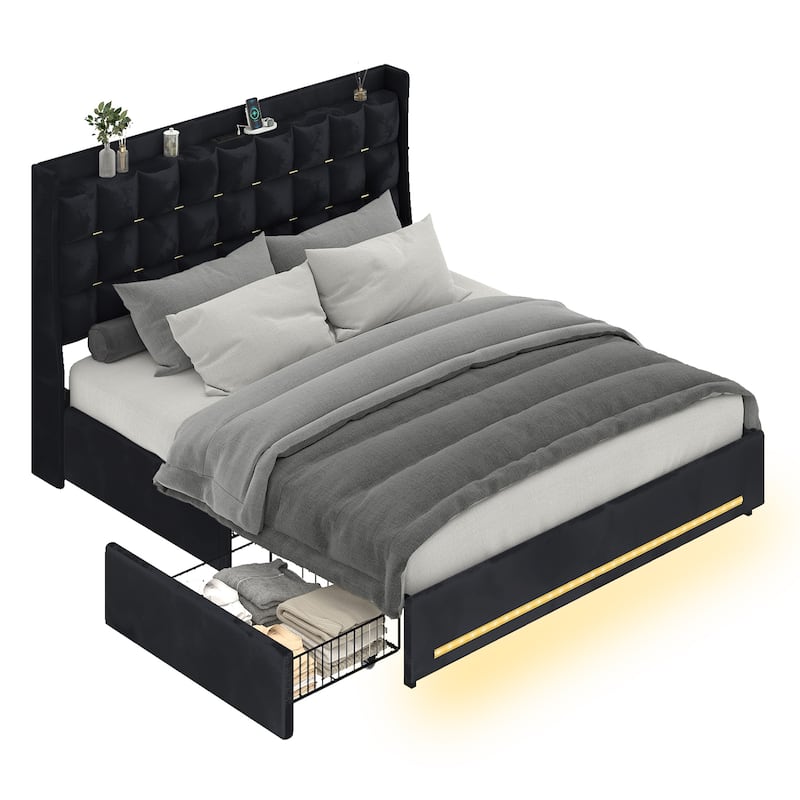 Moasis King Size Velvet Platform Bed with 4 Drawers RGB Lights and Charging Station No Box Spring Needed