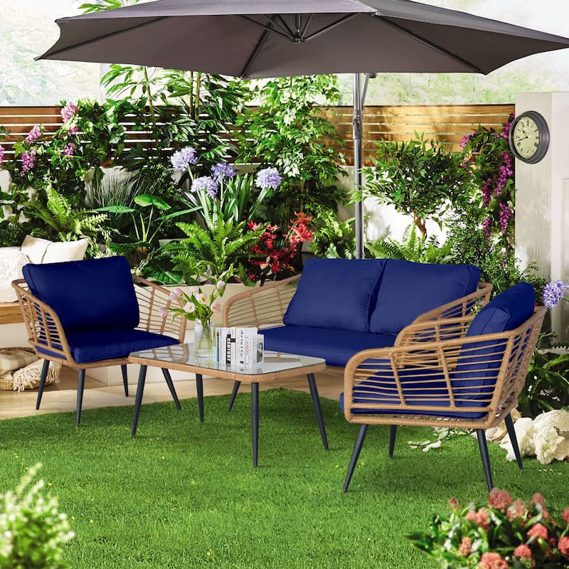 4-Piece Outdoor Patio Furniture Set with Cushions & Tempered Glass Table, Rattan Bistro Set for Garden, Porch, Backyard