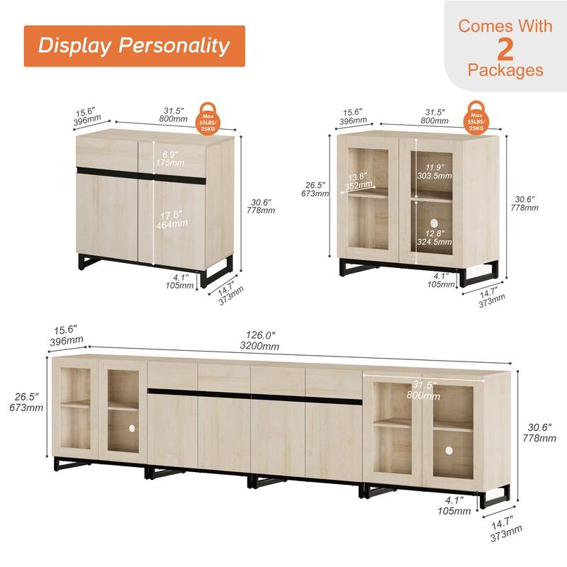 Modern Sideboard with Adjustable Shelves, 4 in 1 Storage Cabinet with Glass Doors, Coffee Bar Cabinet for Living Room, Kitchen