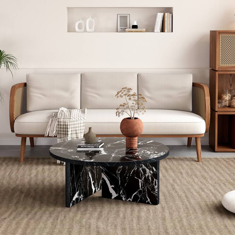 Modern Faux MarbleCoffee Table Round Coffee Table with T-shaped Base