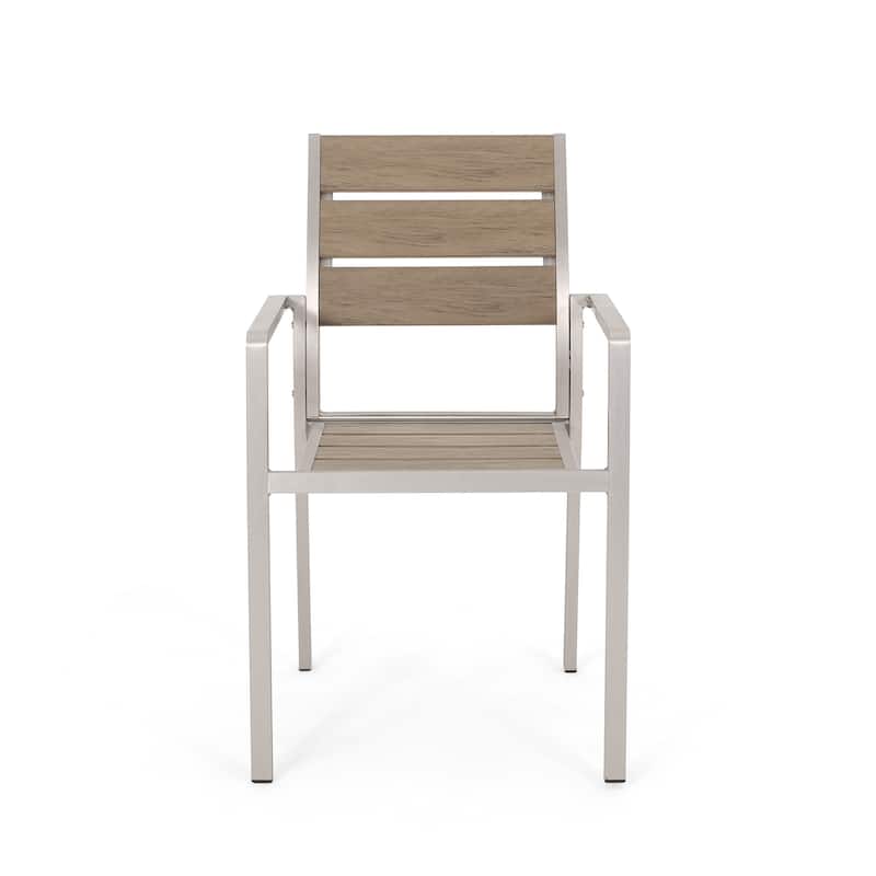 Outdoor Modern Aluminum Dining Chair with Faux Wood Seat (Set of 2),Natural and Silver