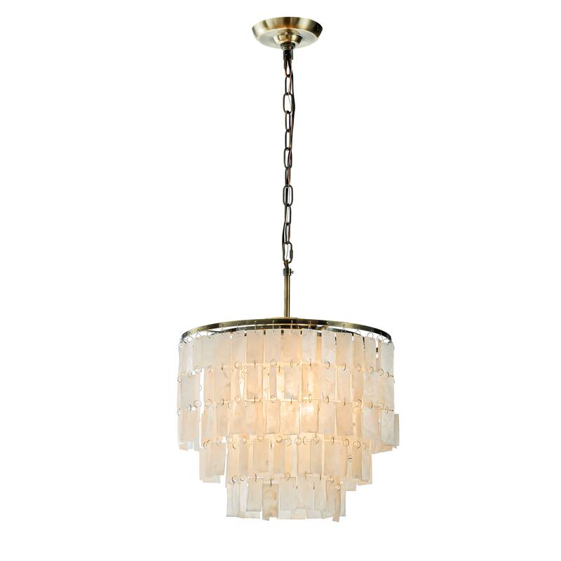 Elegant Coastal Tiered Capiz Shell Chandelier In Bronze Farmhouse Natural Seashell Light Fixtures For Dining Room - W18''