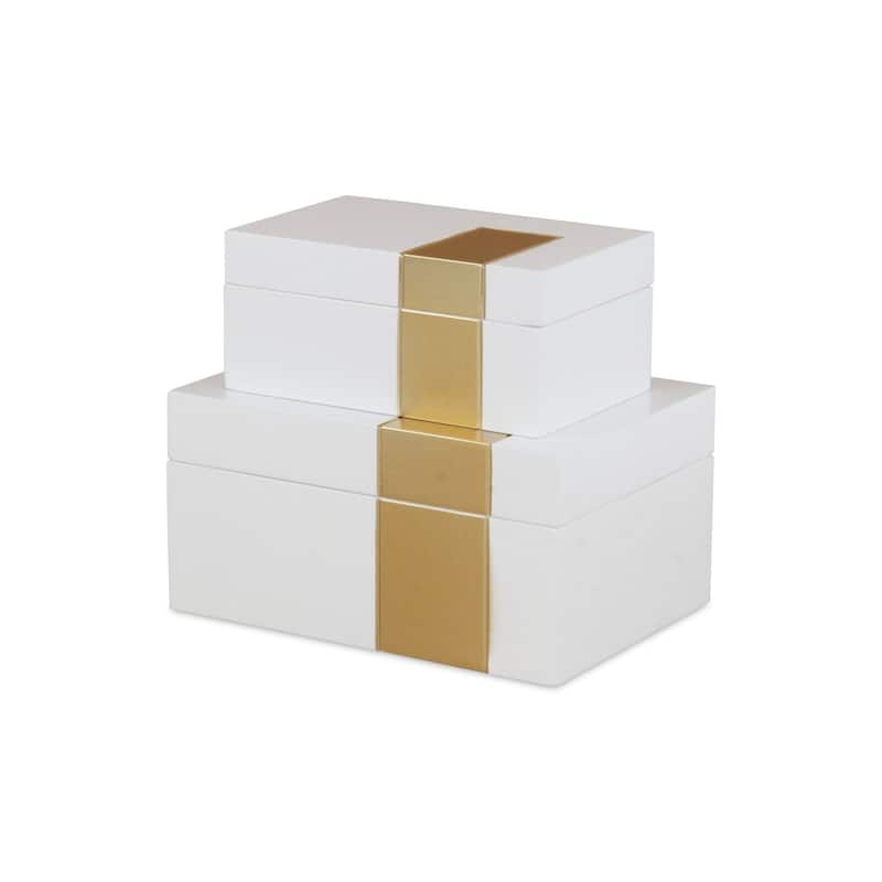 Wooden Accent Boxes with Decorative Band - 10" - White and Gold - Set of 2