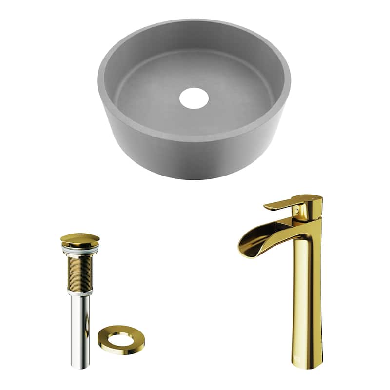 Vigo VGT2030 Palermo Gothic 15" Circular Concrete Vessel Bathroom Sink - Matte Brushed Gold