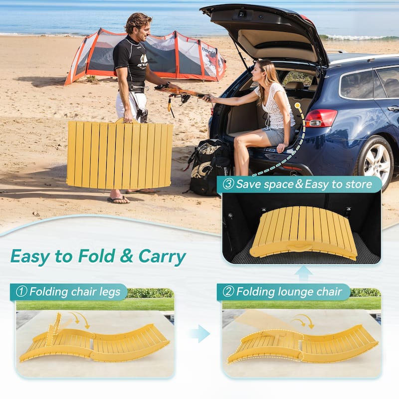 2-Piece Folding HDPS Plastic Outdoor Pool Chaise Lounges with Headrest Cushion