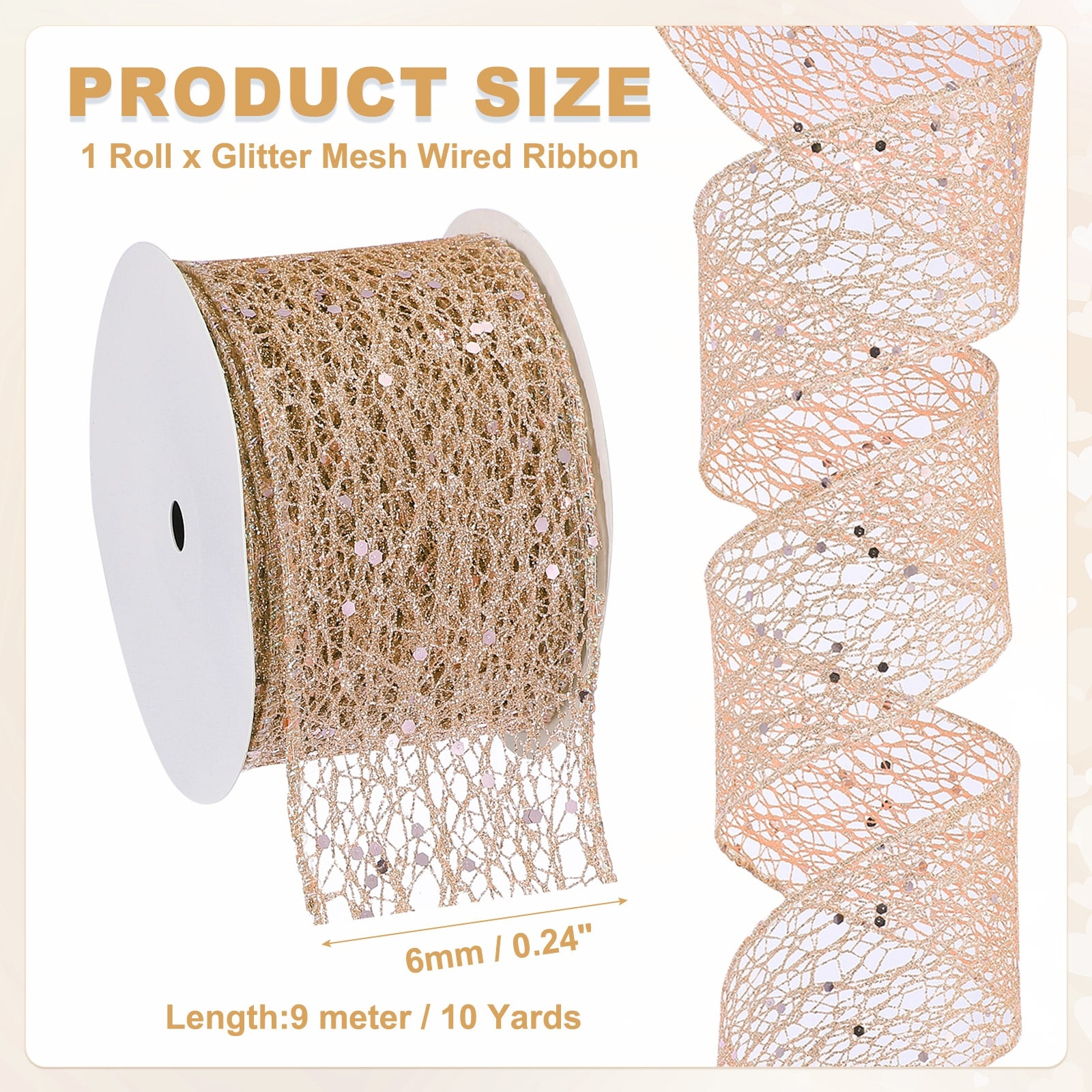 Glitter Mesh Wired Ribbon Sparkling Ribbon for Christmas Tree for Gift Wrapping Bow Wreath Crafts Wedding Party Decoration