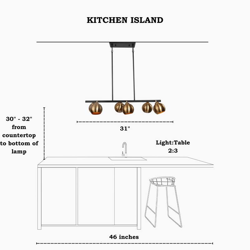 Modern 6-Light Black Gold Linear Chandeliers Glam Metal Island Light for Dining Room