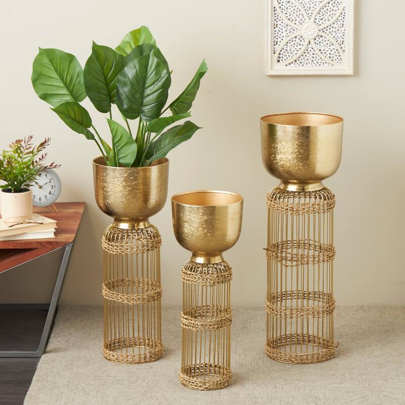 Silver or Gold Metal Caged Wire Planter with Woven Seagrass Accents (Set of 3)