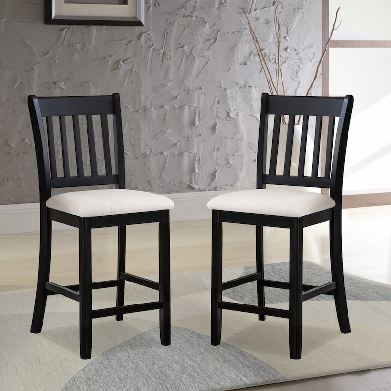 Set of 2 Rubberwood Slatted Back Dining Counter Chairs with Cushion Seats - Set of 2 - Black White