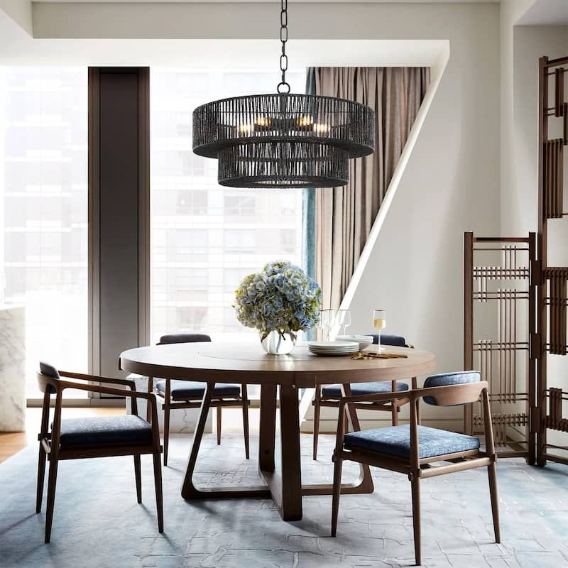 5-Light 21.6in. Rattan Boho Tiered Drum Hand Woven Chandelier