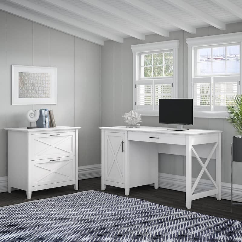 Key West 54W Computer Desk with Storage and Cabinet by Bush Furniture - Pure White