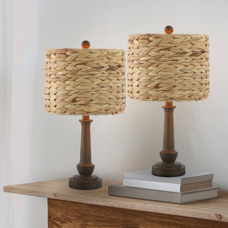 Leona 21" Rustic Farmhouse Handwoven Rattan/Resin LED Table Lamp, Brown Wood Finish (Set of 2) by JONATHAN Y