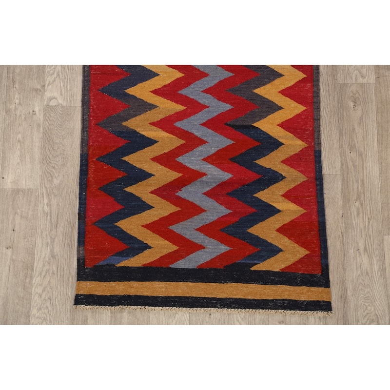 Geometric Chevron Kilim Oriental Area Rug Hand-woven Wool Carpet - 3'1" x 6'3"