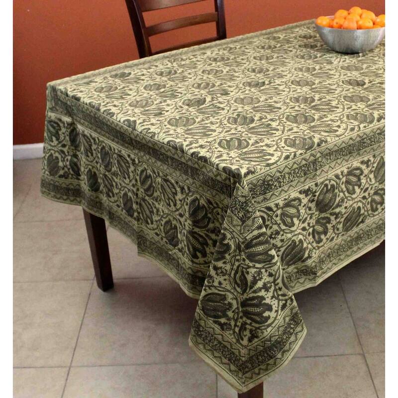 Vegetable Dye Tulip Floral Block Print Tablecloth Collection - 60 x 90 in - Green