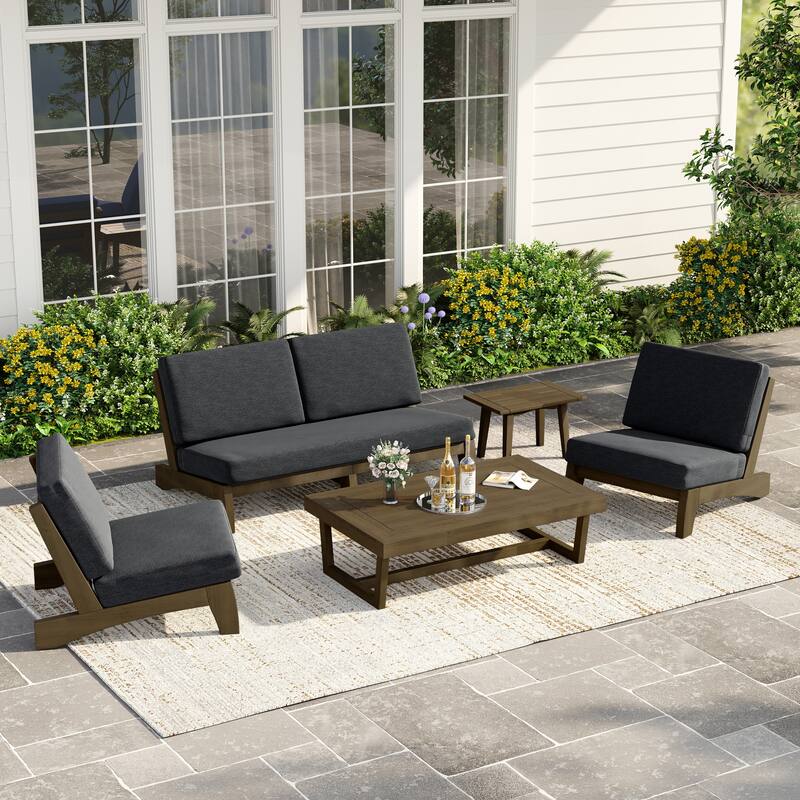 Casual Teak Wood 5-Piece Outdoor Patio Conversation Set