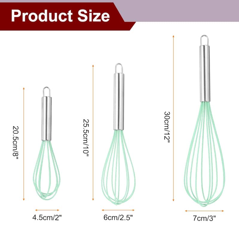 3Pcs Silicone Whisk 8" 10" 12" Kitchen Whisk Wire Whisks Beater - Green