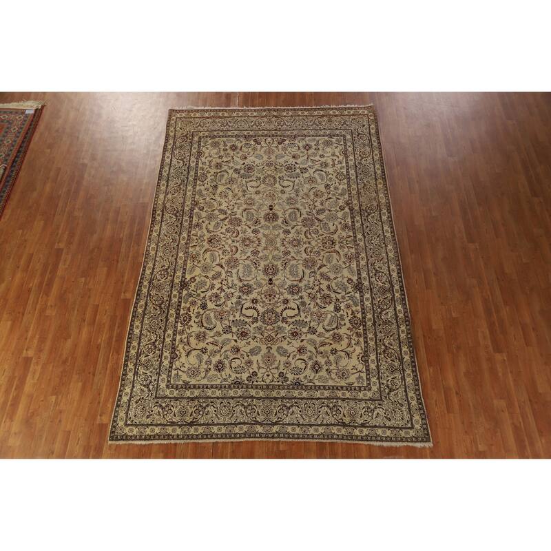 Hand Knotted Oriental 100% Wool Carpet Traditional All-Over Beige & Ivories Tabriz Area Rug - 11' 0'' X 7' 0''