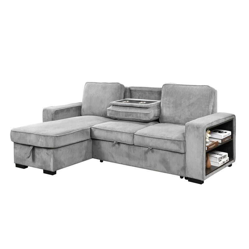 Roomfitters L Shaped Sectional Sofa Bed with Pull Out, Storage Chaise and USB Cup Holder