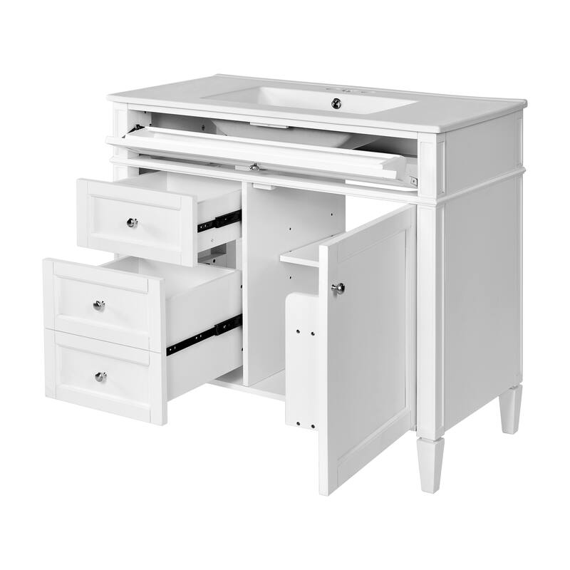 Modern Single Sink Bathroom Vanity Cabinet with Door Rack, Tip-out Drawer, 2 Pull-out Drawers, Metal Knobs and Adjustable Shelf