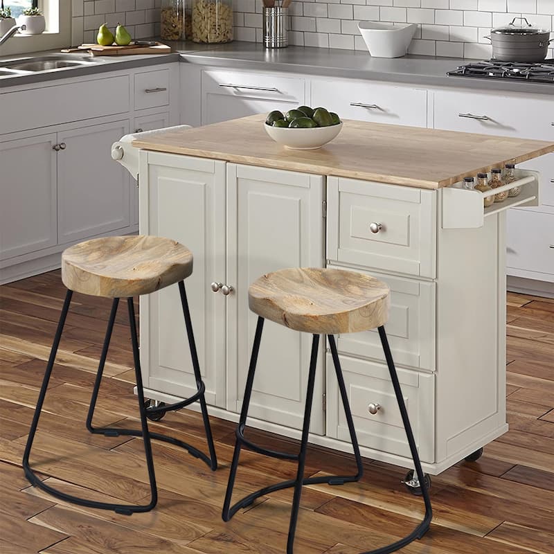 Ela 30 Inch Mango Wood Bar Stool, Saddle Seat, Iron Frame, Brown and Black